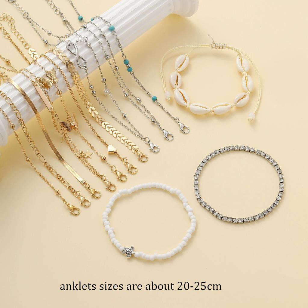 Lanț de gleznă Bohemian cu strat dublu în formă de inimă Lanț simplu retro cu mărgele din aliaj Lanț de gleznă multiplu pentru femei Stil de plajă de vară