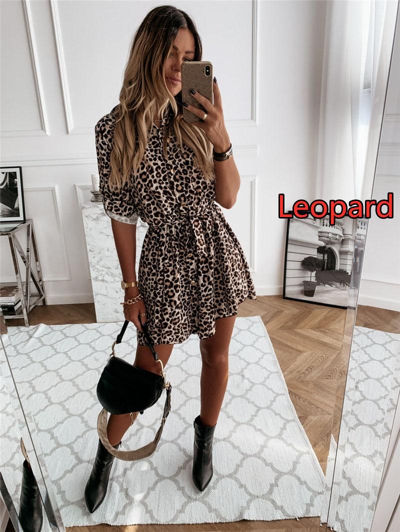

Женская мода Осень Леопардовый принт Рубашки Платье Завязка на талии Длинный рукав Пуговицы Воротник Плиссированное Мини-платье 2XL леопардовый