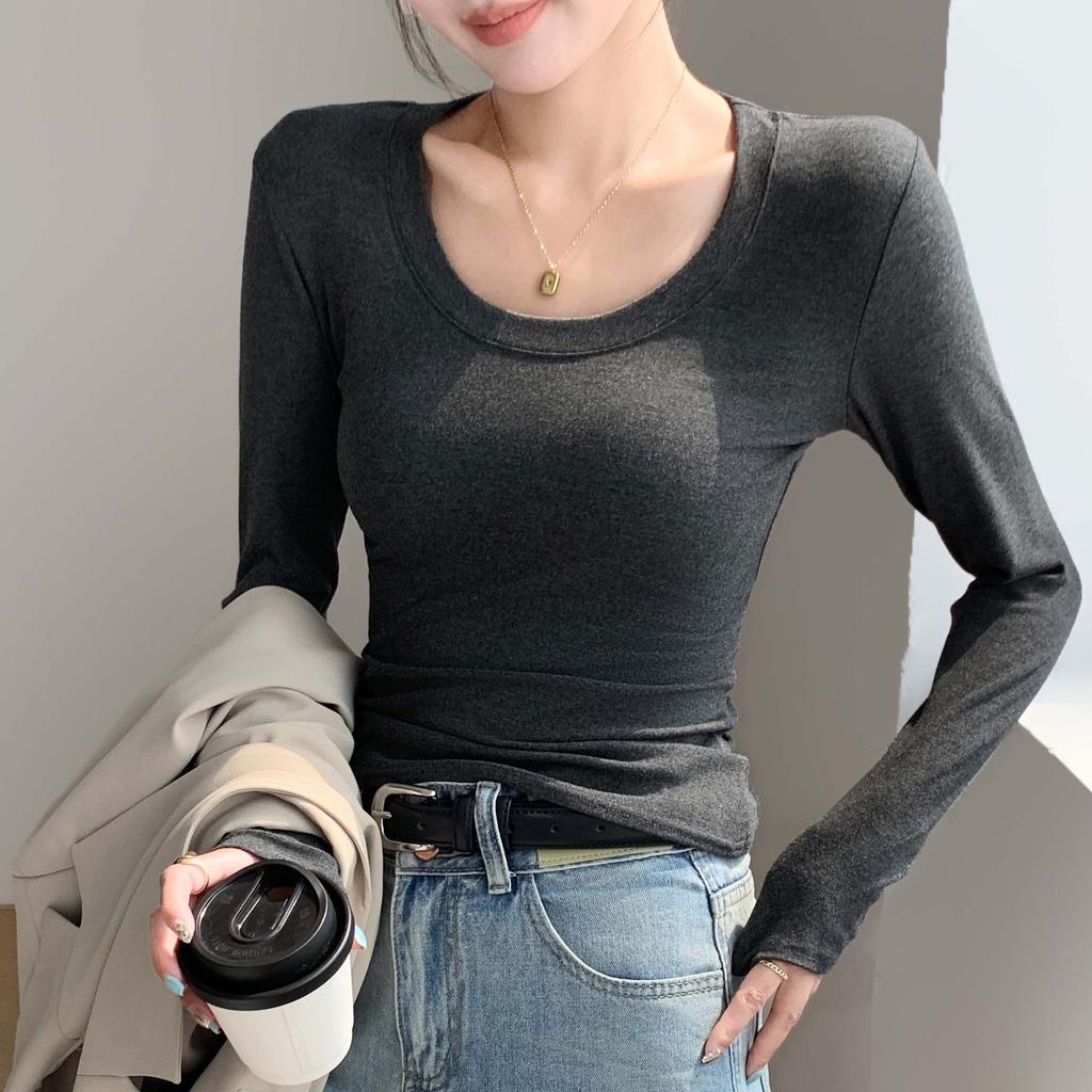 Round Neck Base Shirt for Women Spring Autumn Winter Styles Inner Outer Wear Slim Fit Versatile Solid Color Long Sleeved T-shirt Top