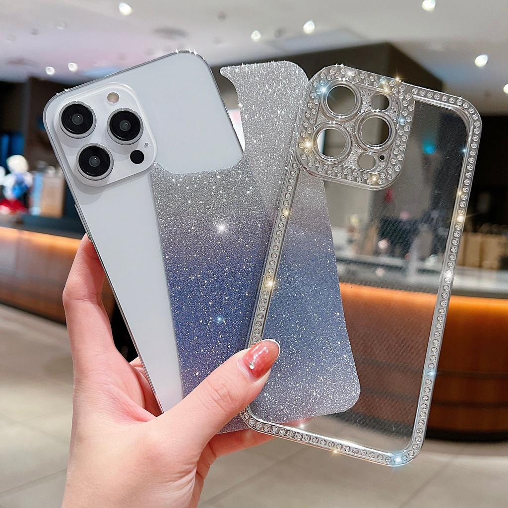 For iPhone 16 Pro Case Glitter Phone Case Rhinestone Decor Electroplating Protective Cover