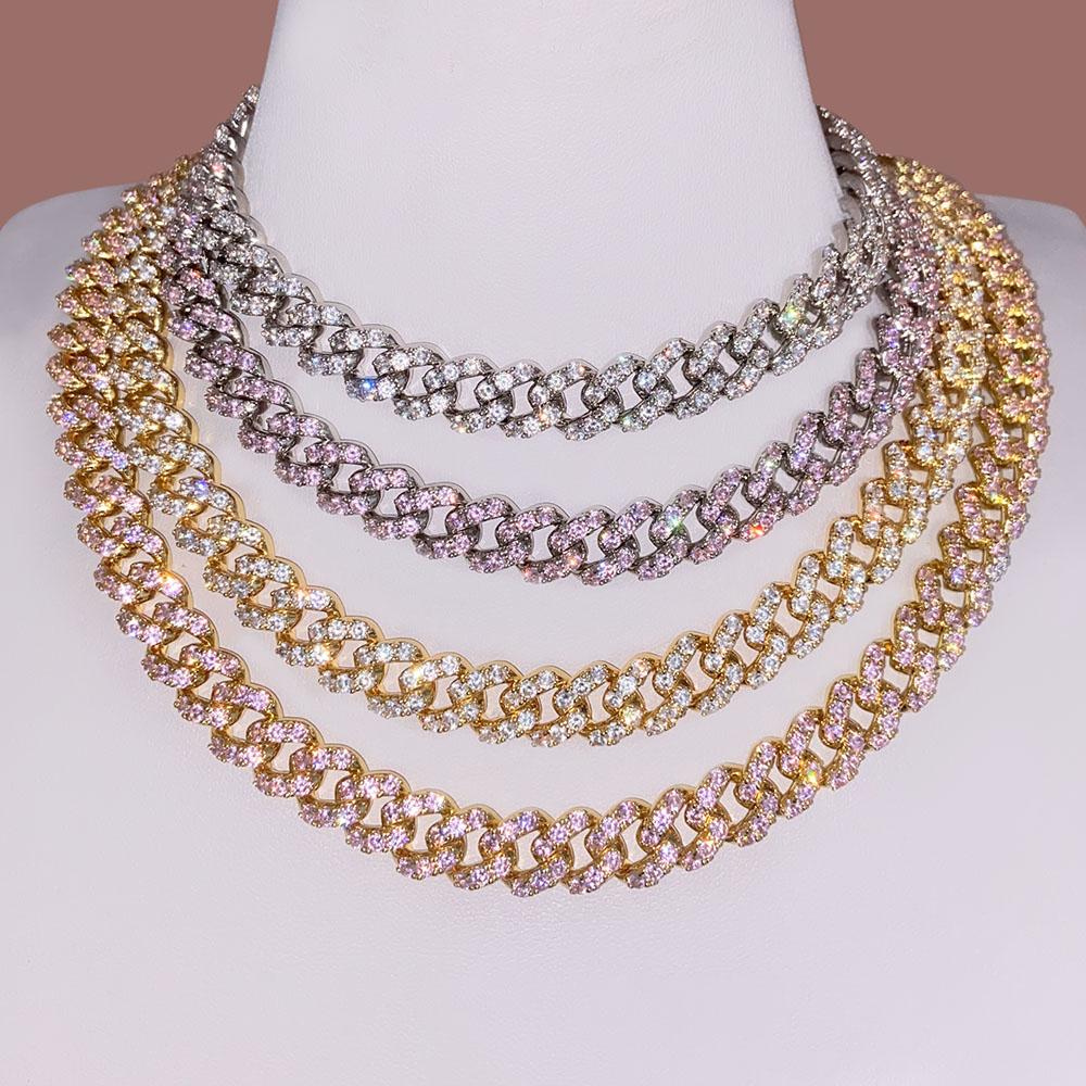 NIEDRIGE MOQ Eisiges Rosa Zirkonia 18 Karat Gold Miami Cuban Link Ketten für Damen Herren
