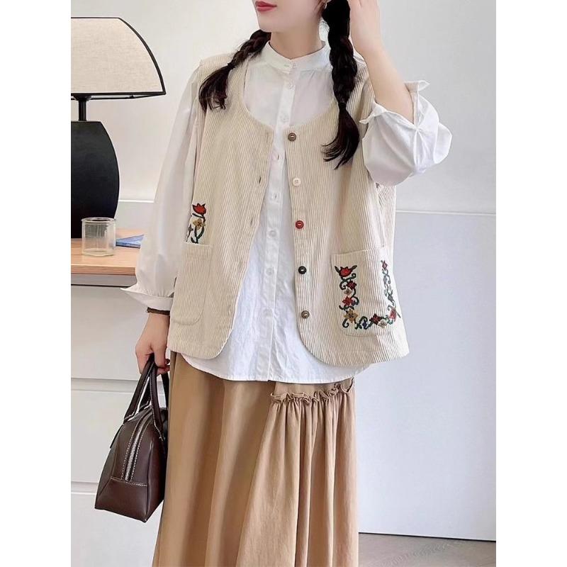 Light Luxury Retro Ethnic Style Vest Made of Corduroy Loose Fit Embroidered Sleeveless
