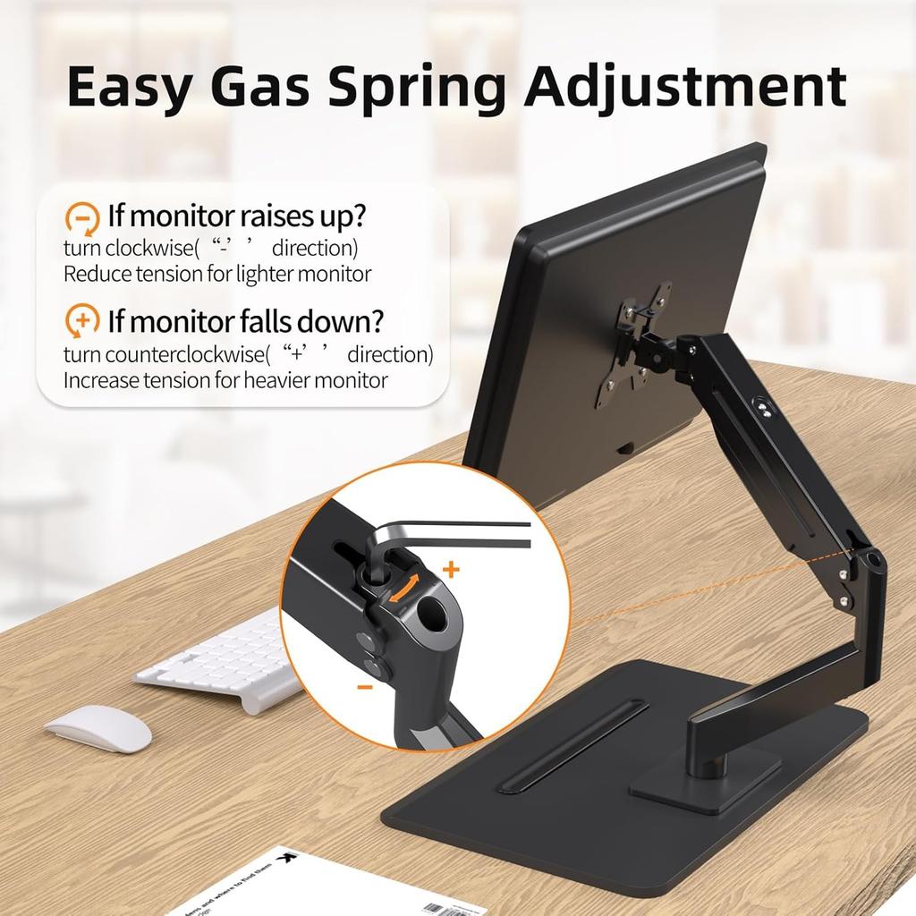 Suptek Monitor Arm Monitor 1 Freestanding TV Gas Spring Gas Pressure Compatible with Height Angle Adjustable Left and VESA 50x50 75X75 Load Capacity