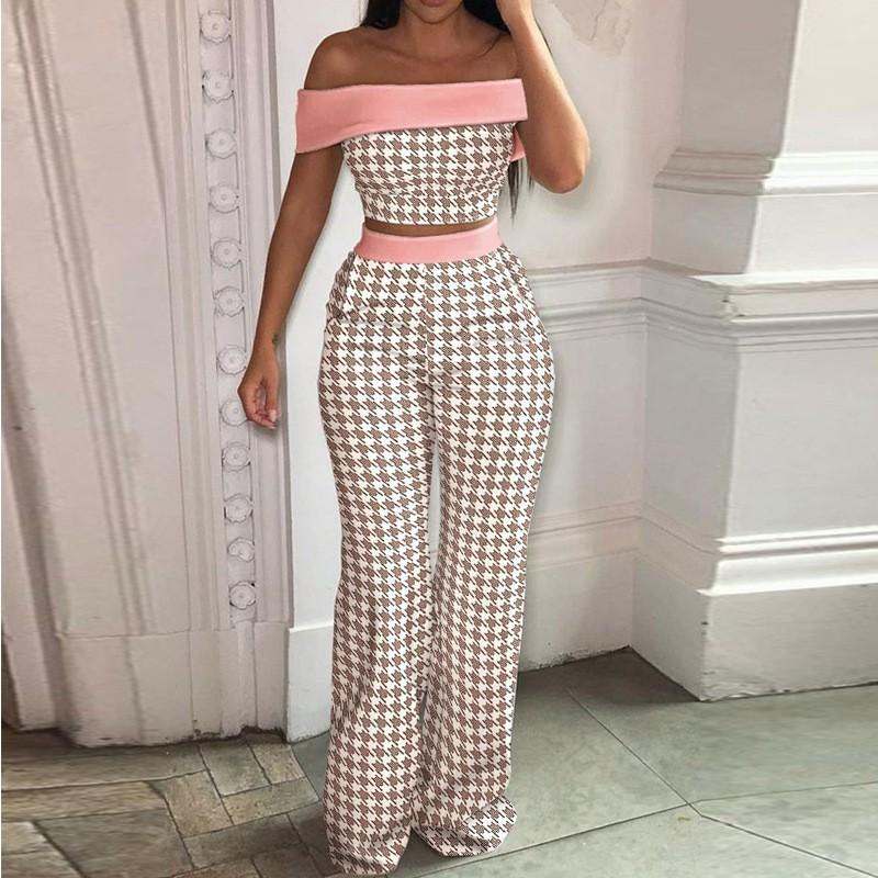 

Women s Two-piece Short Printed Vest High-waist Wide-leg Pants Casual Suit 661 XL