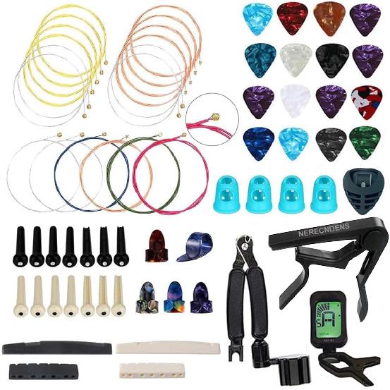 66PCS Guitar Accessories Kit, Acoustic Guitar Changing Tool, Including Guitar Acoustic Strings, Guitar Picks, Capo, String Winder&Cutter, Tuner,
