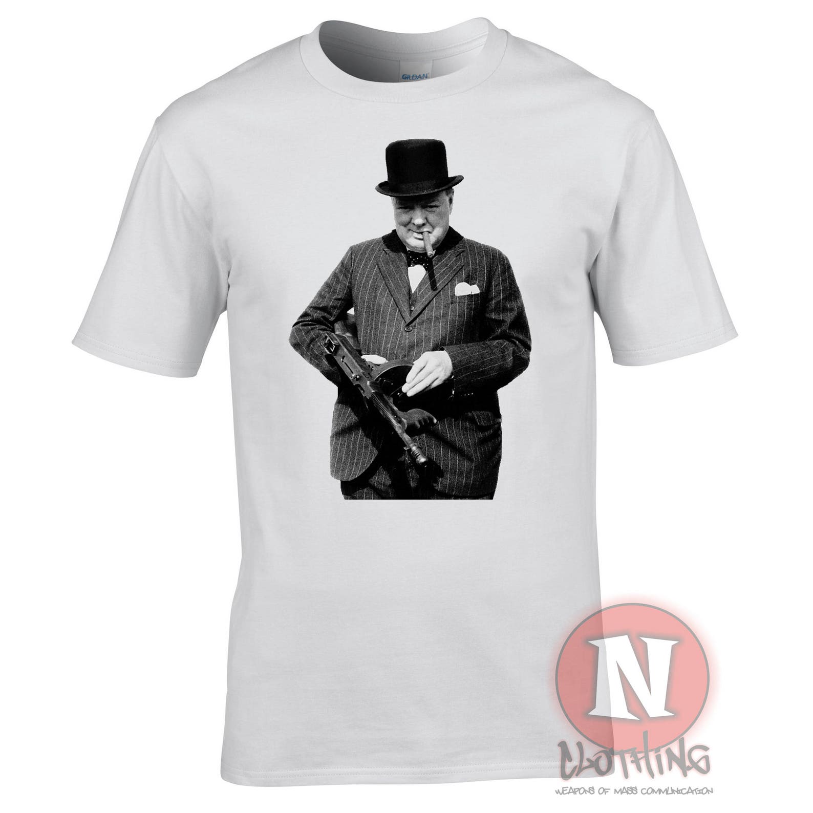 Winston Churchill T-Shirt. A classic image of the great British World war 2 leader carrying a machine gun 2XL