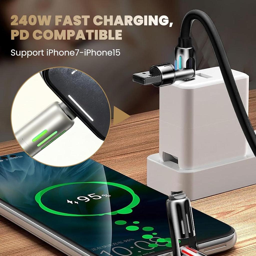 1.5M 4-in-1 Fast Charging Cable with LED Indicator 240W USB C  Universal Cable with Lightning/Micro-USB/Type-C Ports for All Phones Tablets Power
