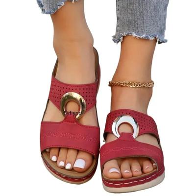 Nouvelles Sandales de Mode Sandales de Plage à Talon Compensé pour Femmes Semelles Creuses Pantoufles Décontractées Pantoufles Rétro Taille 35-44 6 couleurs