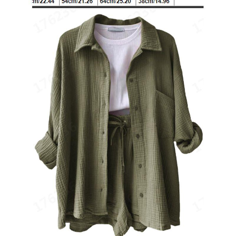 And Summer New Arrival Women's Clothing Fashion Style Champray Lapel Long Sleeve Shirt High Waist Drawstring Shorts Fashion Casual Two-Piece Suit