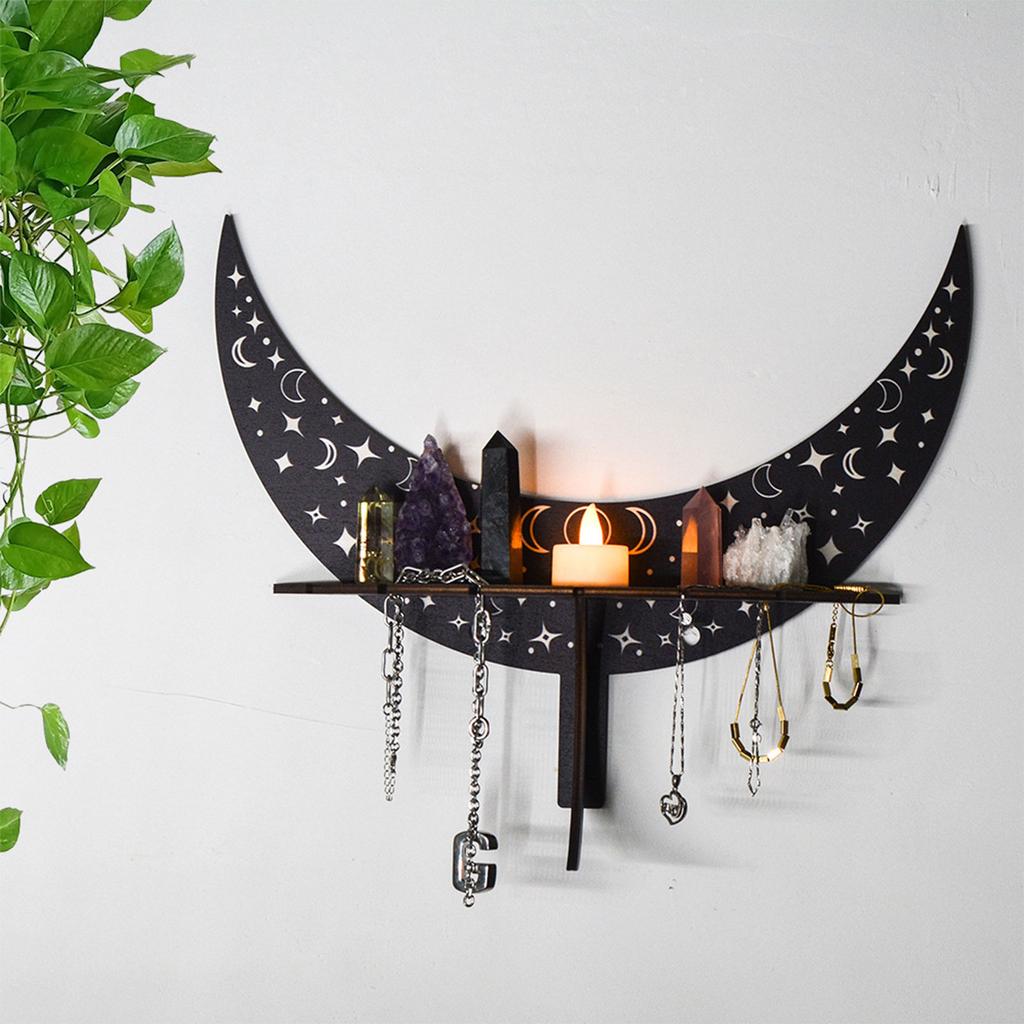 Moon Storage Shelf Wood Candlestick Support Holder Decor Ornament for Crystal Jewelry Collectible Organization