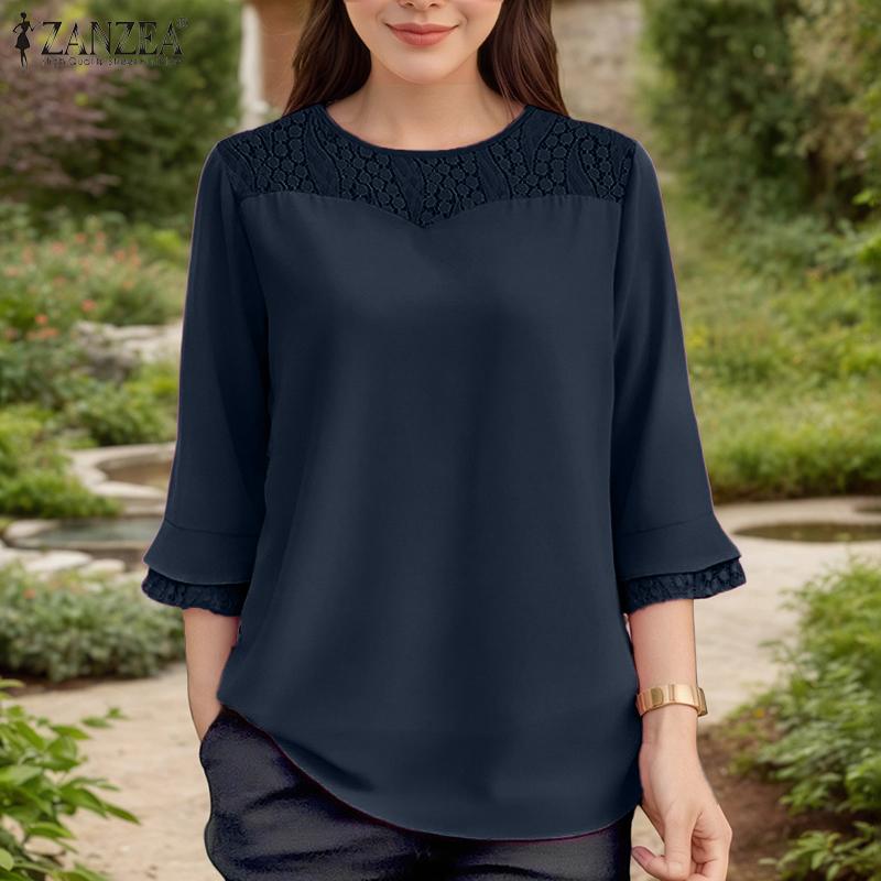 ZANZEA Women Summer Patchwork Round Neck Casual 3/4 Sleeve Loose Blouse