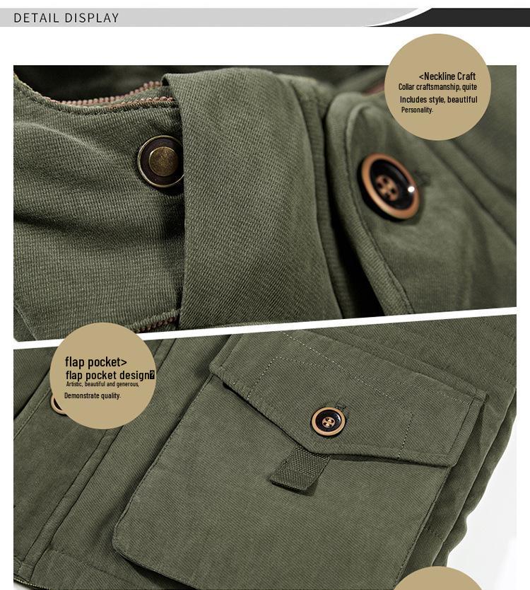 Men's Mid-Length Winter Cotton Coat with Velvet, Multi-Pocket, Thickened, Plus Size - Ideal for Middle-Aged and Elderly