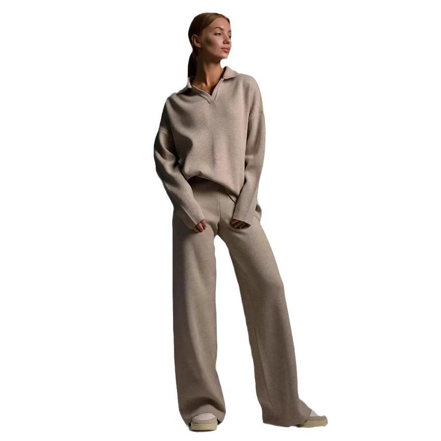 Европейский и американский осенне-зимний трикотажный комплект поло: Свитер Пуловер + Брюки Широкие Medium хаки