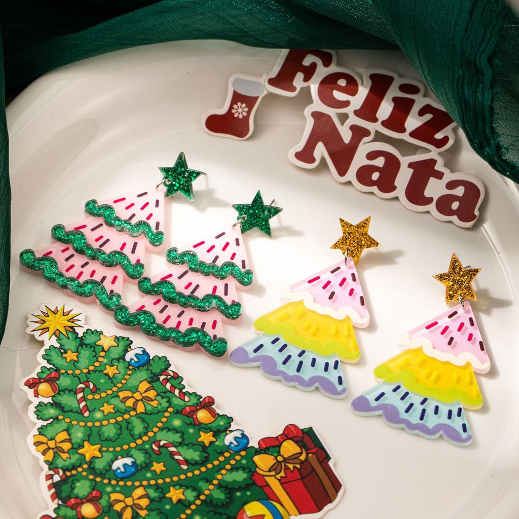 Festive Colorful Christmas Tree Earrings Glitter Acrylic Creative Dopamine Design Women Elegant Earrings