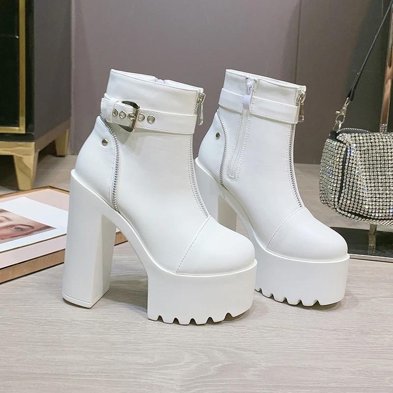 

Women Platform Buckle Zip Ankle Boots Round Toe Motorcycle Soft Leather Chunky High Heels Boots Shoes To Wife Girlfriend 34