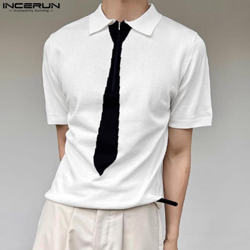 INCERUN Pánské tričko s klopovým límcem, krátkým rukávem, potiskem kravaty a zipem, ležérní topy