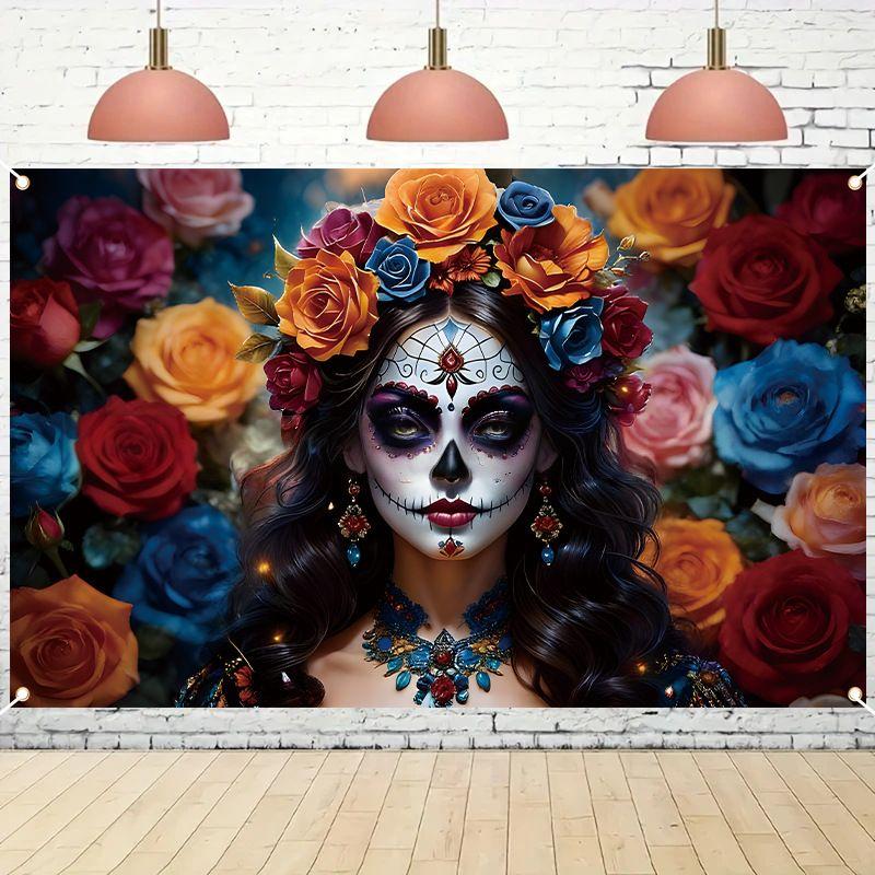 VIKAMA Mexican Day of the Dead Sugar Skull Flower Girl Tapestry Gothic Halloween Carnival Wall Hanging Party Bedroom Decor