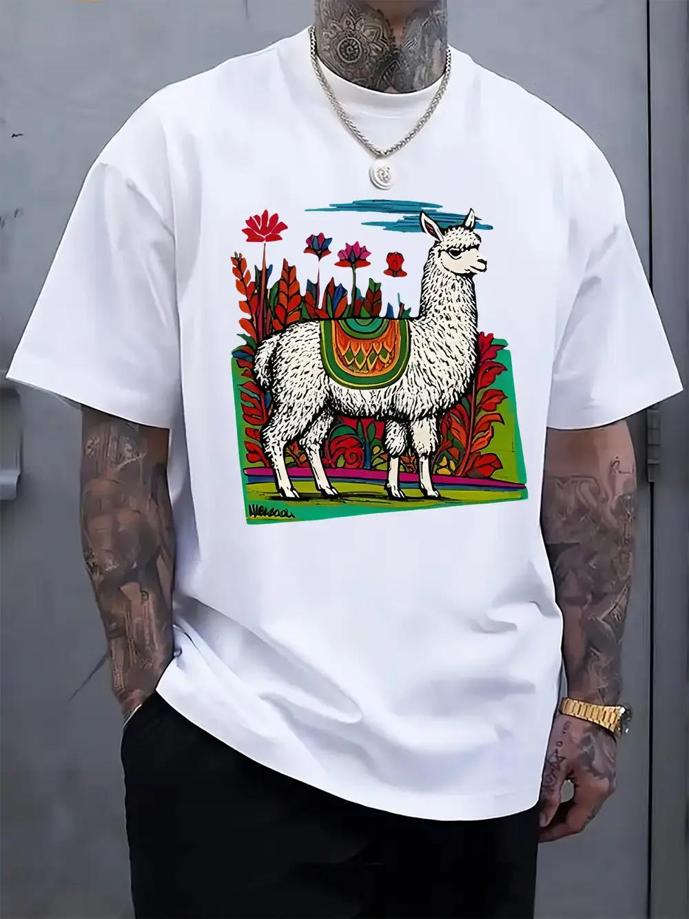 

Casual Crew Neck T-shirt with Vibrant Alpaca Print XL