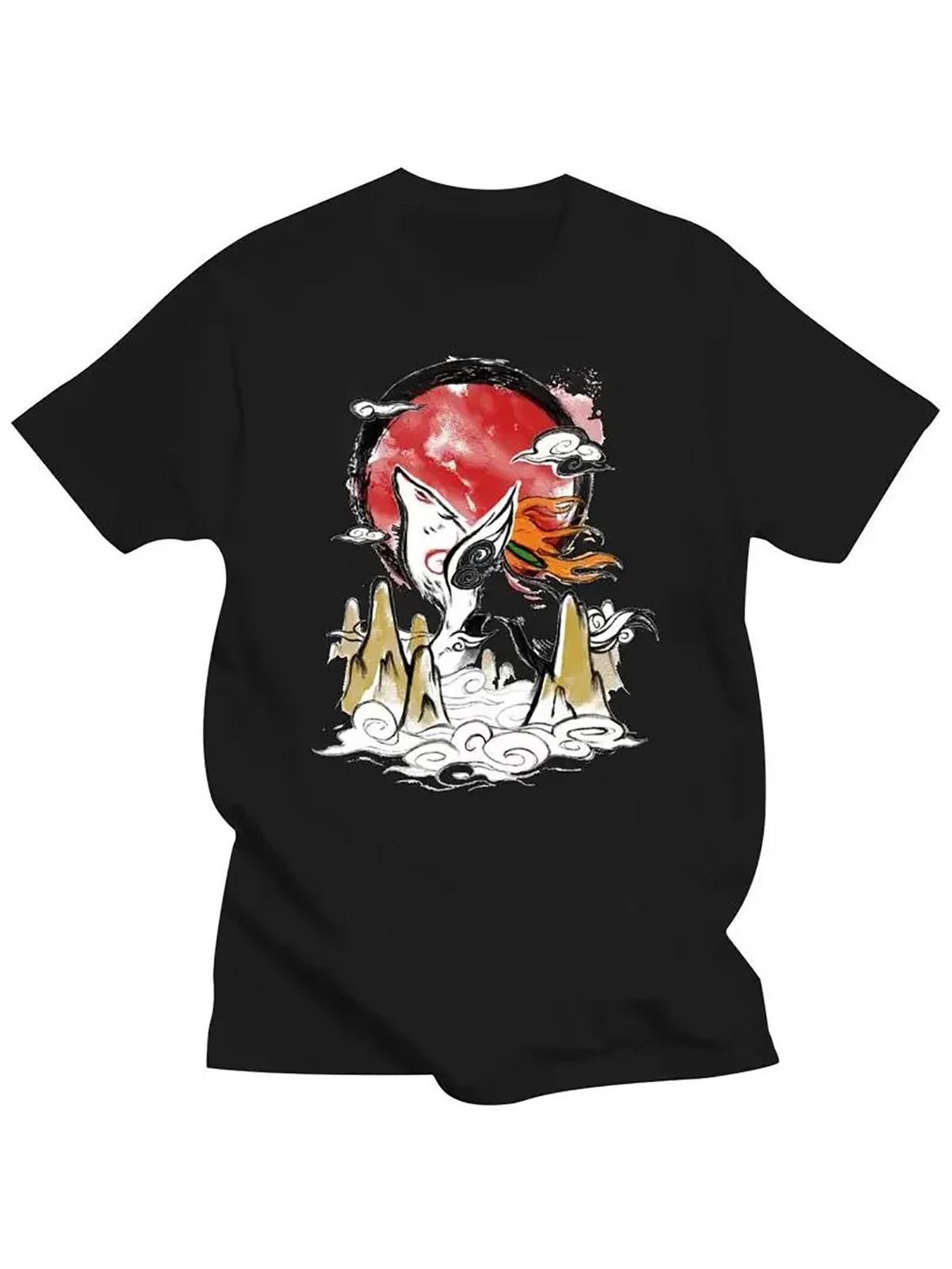 Okami Amaterasu Sun Motif T-Shirt, 100% Cotton, Casual Crew Neck, Slight Stretch XS