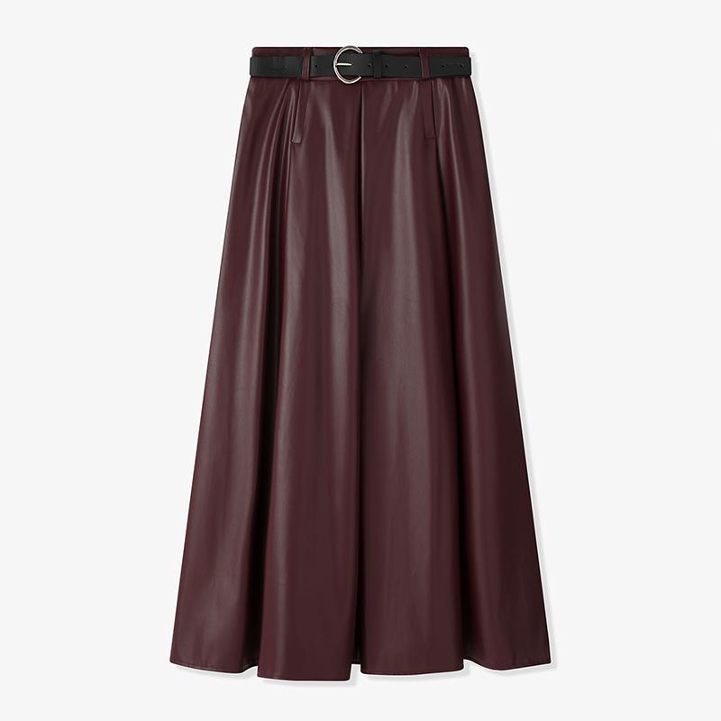 Winter Women PU Leather Skirt Long Pleated High Waist A Line Fashion Clothes