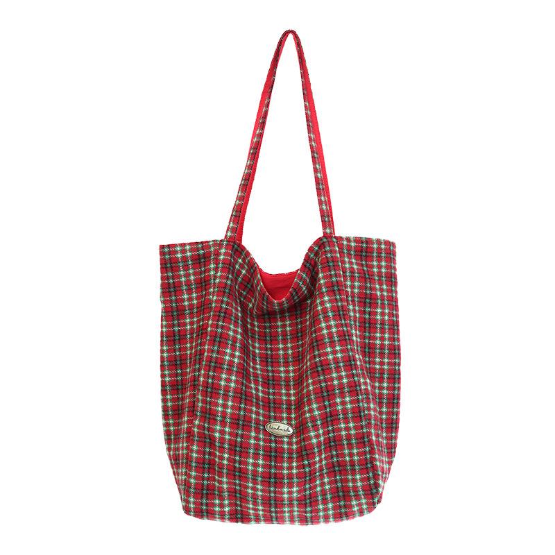 Plaid canvas bag women's autumn and winter new tote bag casual large capacity portable shoulder cloth bag lazy wind