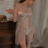 Erotic Underwear Sexy Lace Seductive one-piece Dress Women's Steel Ring Gathering See-through Outer Robe Pajamas Set 8861