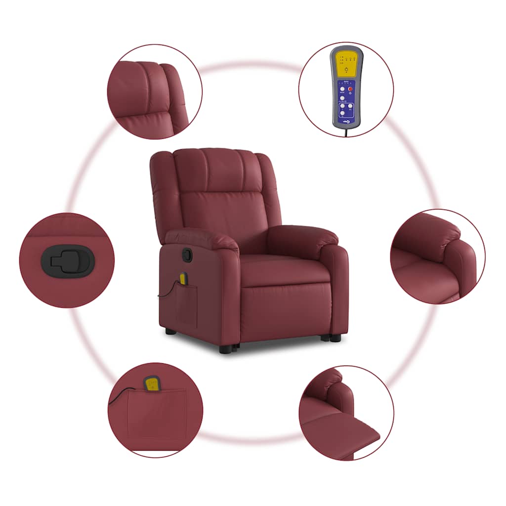 Massage Recliner with Rising Assistance Burgundy Artificial Leather