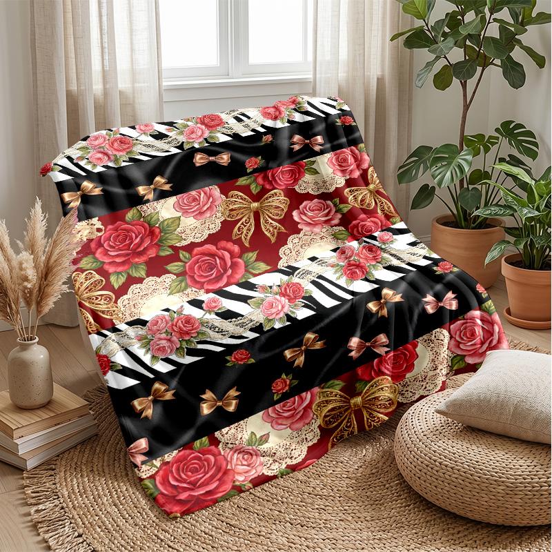 Floral and Bow Composition Theme Blanket Lightweight Warm Flannel Blanket Decorative Throw Blanket for Home Decoration