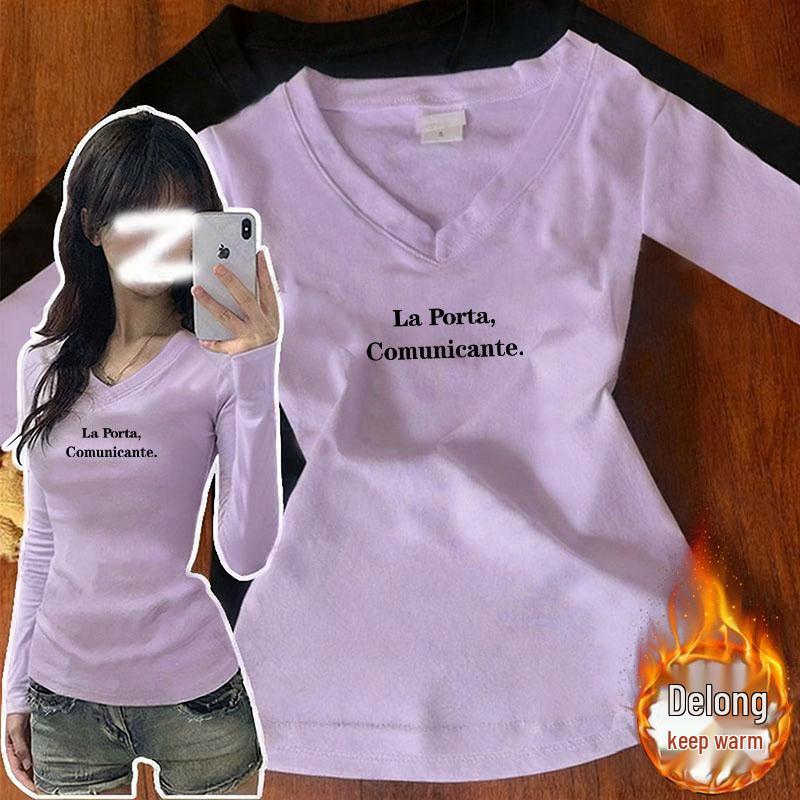 

2026 National Trend Minimalist V-Neck Pullover: Loose Fit Plus Size Fleece Top, Comfortable Long Sleeve T-shirt for Autumn/Winter 2XL (Recommended 123-135 jin)