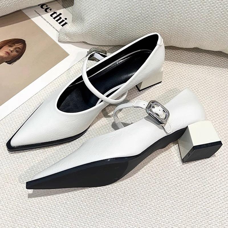 Spring 2025 New French Light Mouth Medium Heel Mary Jane Single Shoes Pointed Professional Black High Heels Women's Thick Heel