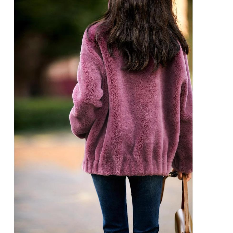 Double-sided Plush Women's Mid-length Loose Zipper Coat Hooded Thick Plush Coat for Women