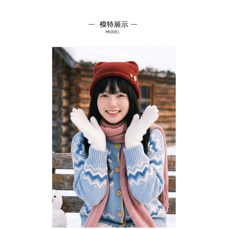 Japanese Sweet Style Cat Ear Button Beanie Knit Hat For Autumn Winter