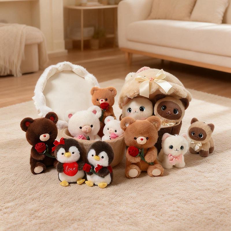 Fun Animal Cake Plush Doll Pillow Rose Siamese Cat Penguin Bear Combination Cookie Plush Toy Home Decor Valentine'S Day Gift