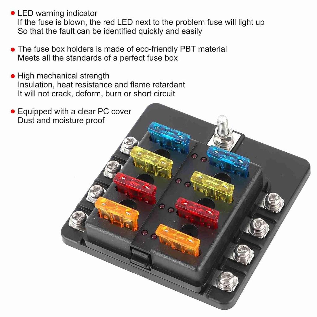 8-Way Water Proof Fuse Block with LED Indicator, Screw Nut Terminal Box for Car Boat Marine