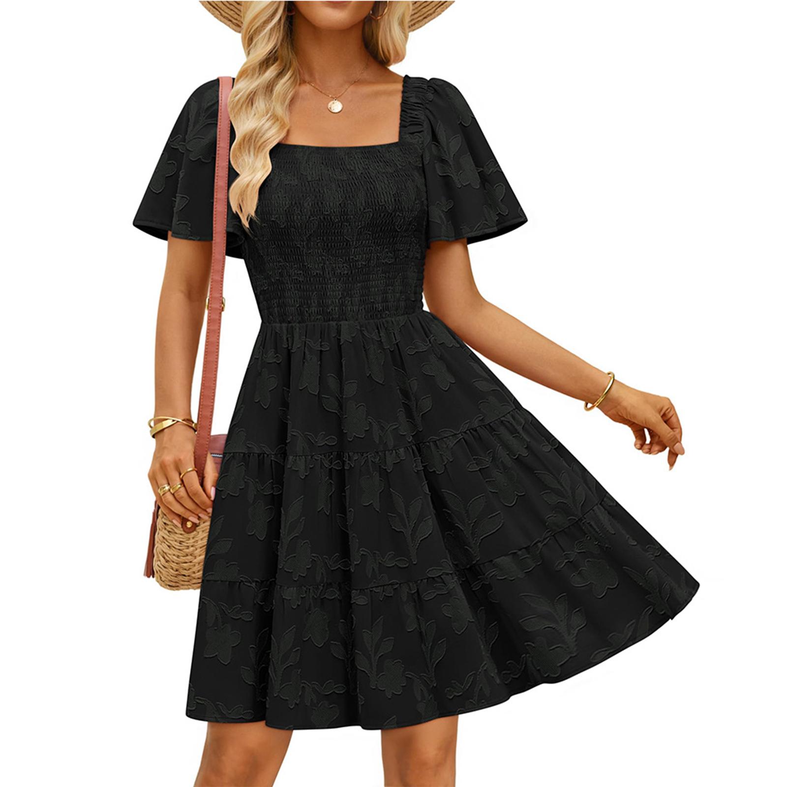 Women s Fashionable Color Square Neck Short Sleeved Casual Loose Dress L чёрный