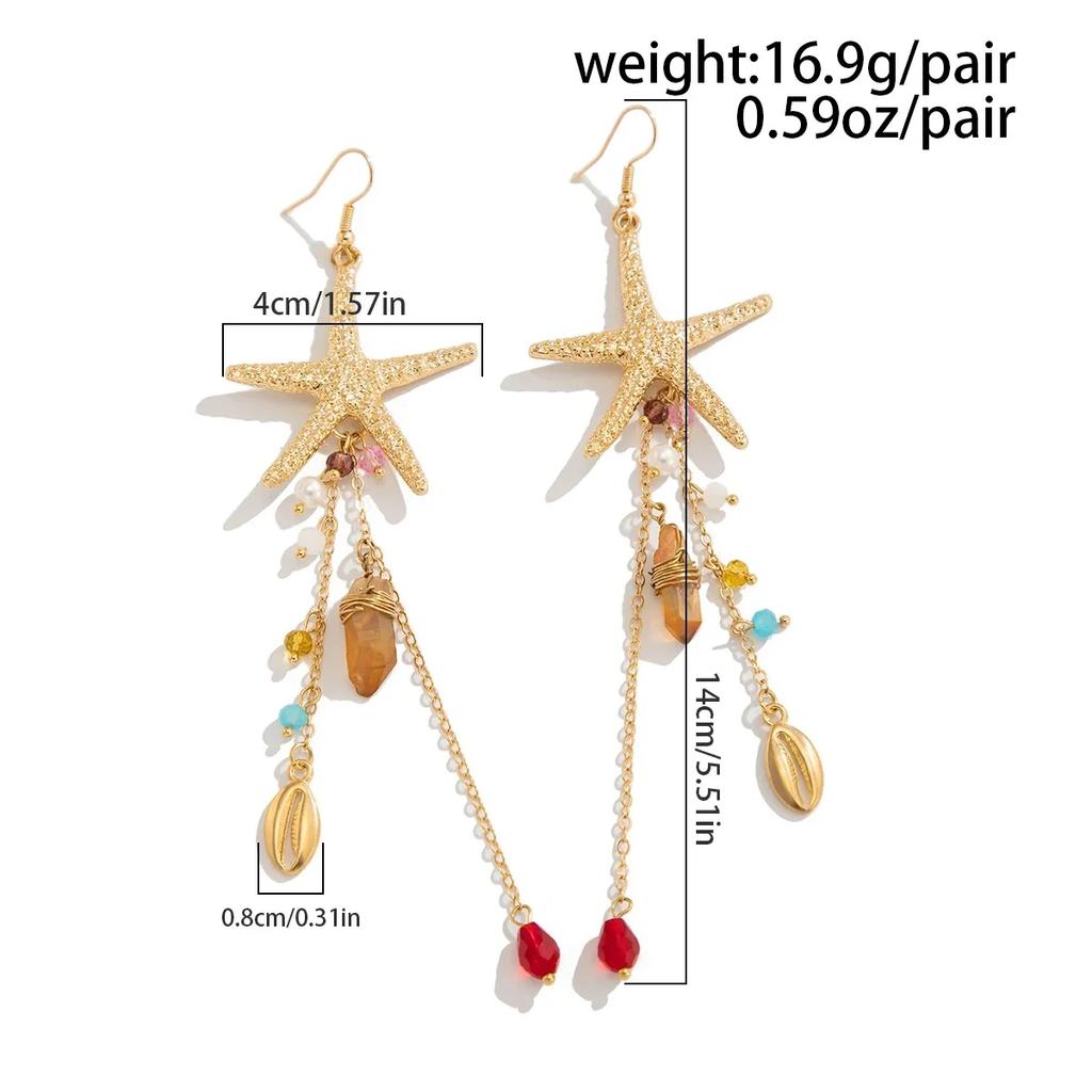 Boho Starfish Scallop Metal Long Tassel Earrings Women Summer Beach Vacation Gold Color Jellyfish Shiny Crystal Earrings Jewelry