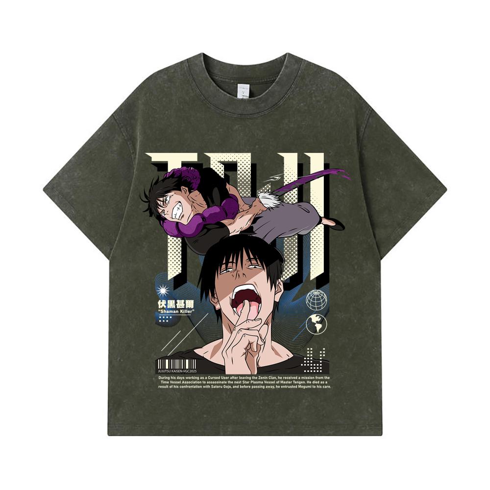 

Стиранные футболки 275 г/м² 100% Хлопок Jujutsu Kaisen V47 Принт Тодзи Унисекс Плотная хлопковая футболка S армия зеленый