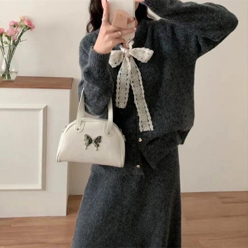 

Korean Style Lace Trim Patchwork Knit Bow Sweater & Midi Skirt Set for Women - Autumn Collection One Size [80-120]