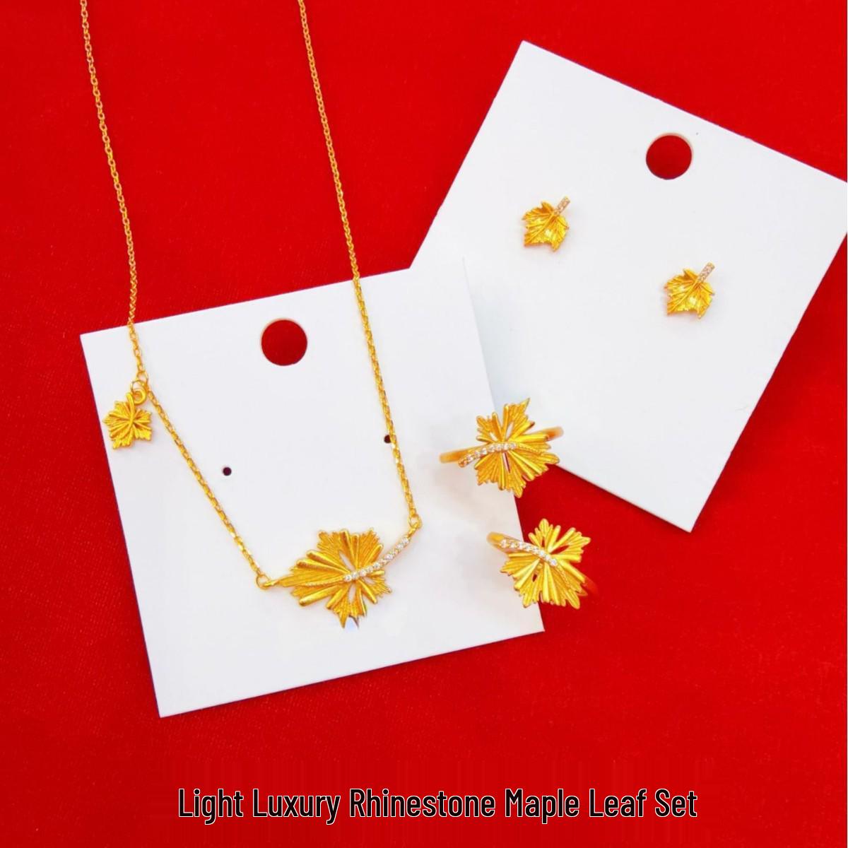 

Vietnam Sand Gold Maple Leaf Jewelry Set: Diamond-Studded Necklace, Earrings & Ring Diamond Maple Leaf Ring
