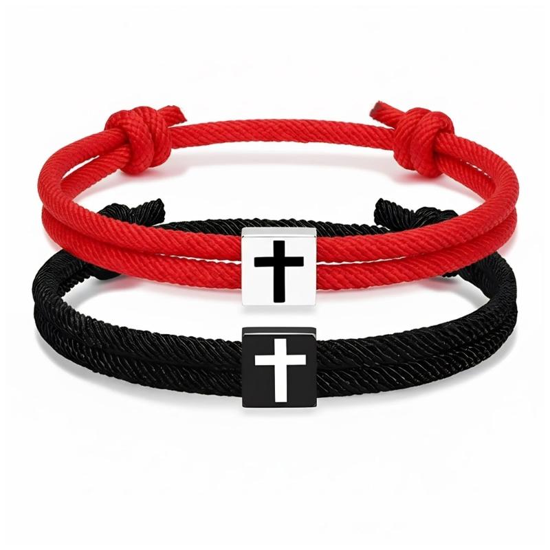 Pack of 2 Adjustable Christian Crosses Bracelets Handmade Wristband Religious Gift for Couples Baptism Birthday