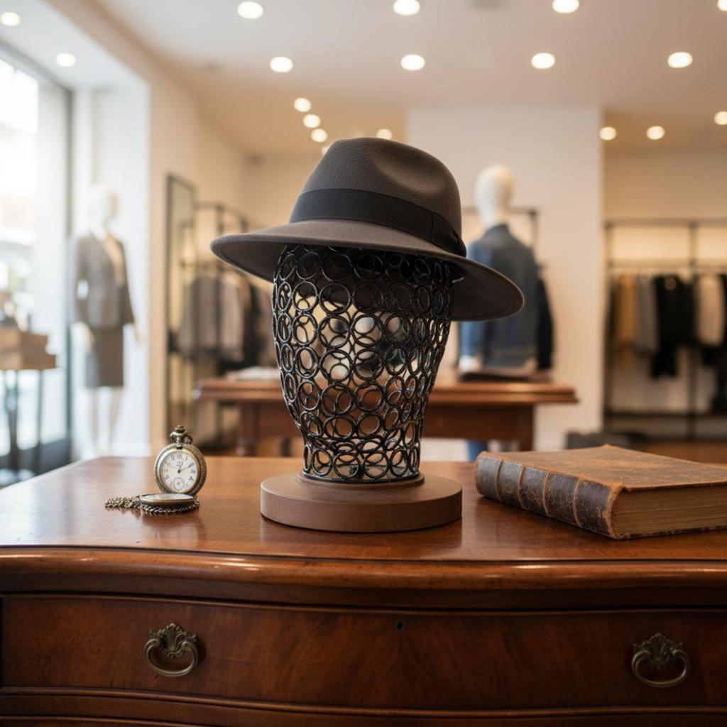 Espositore per Cappelli Base in Legno Testa Metallica Manichino Stand Stile Antico per Salone,