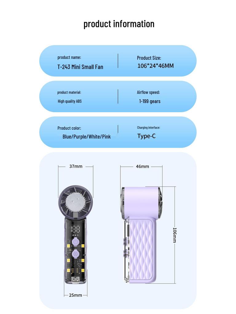 Portable USB Handheld Fan, T243 High-Speed Turbine Cooling, Compact Outdoor Ice Compress