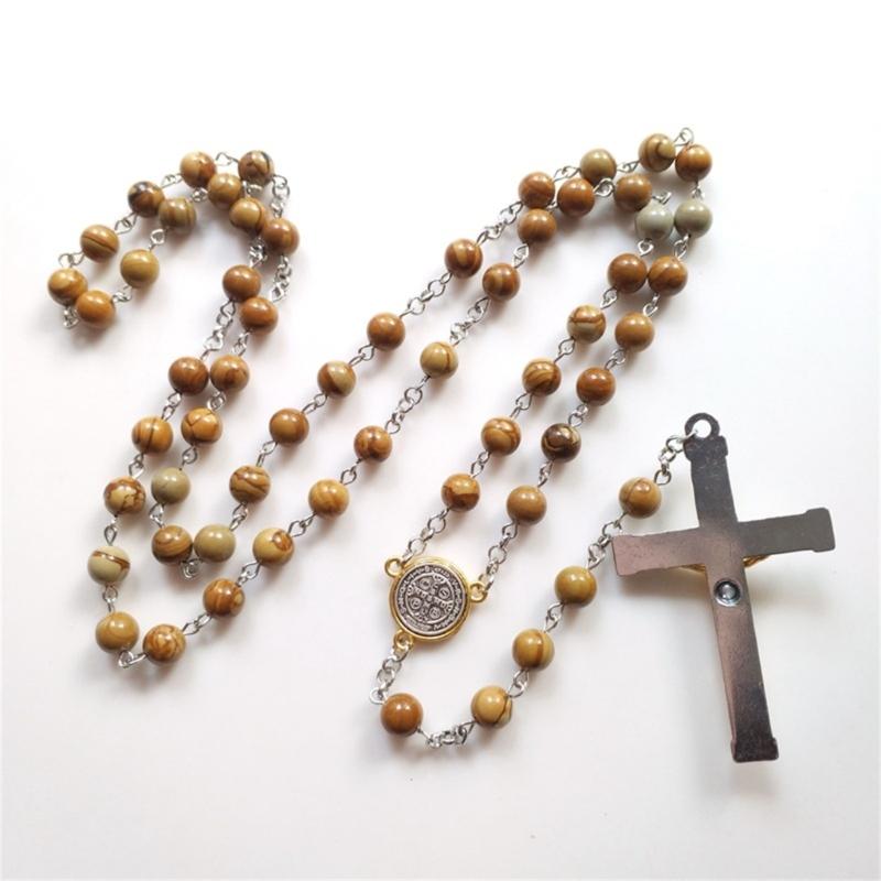 Church Yoga Wood Grain Stone Cross Rosary Necklace Bead Chain Pendant Ornaments for Home Church Yoga Room Decorations
