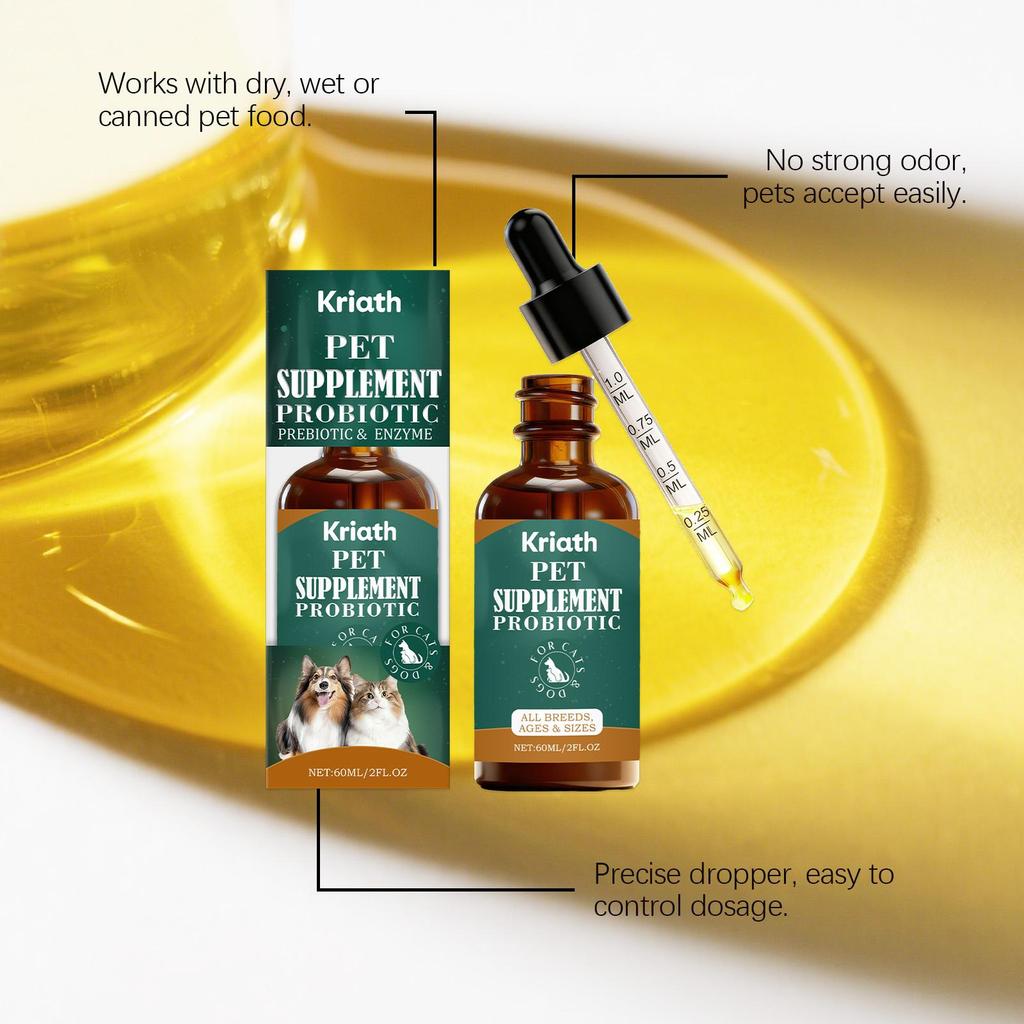 Kriath Probiotic Drops for Cats and Dogs 60ml: Gentle Care for Cat and Dog Gut Health. Pet Intestinal Health Care Drops.