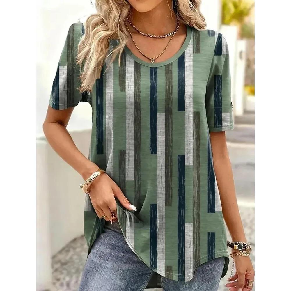 

Summer Women s Loose Plus Size Creative Colorful Stripe Print 3D Short Sleeved T-shirt Fashionable Comfortable Soft Breathable Short Sleeved T-shirt 6XL