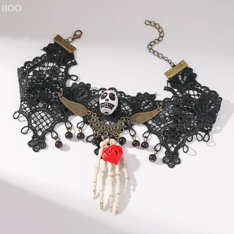 Lace Spider Web Design Necklace Earrings Set Retro Gothic Style Black Lace Choker Necklace Halloween Jewelry