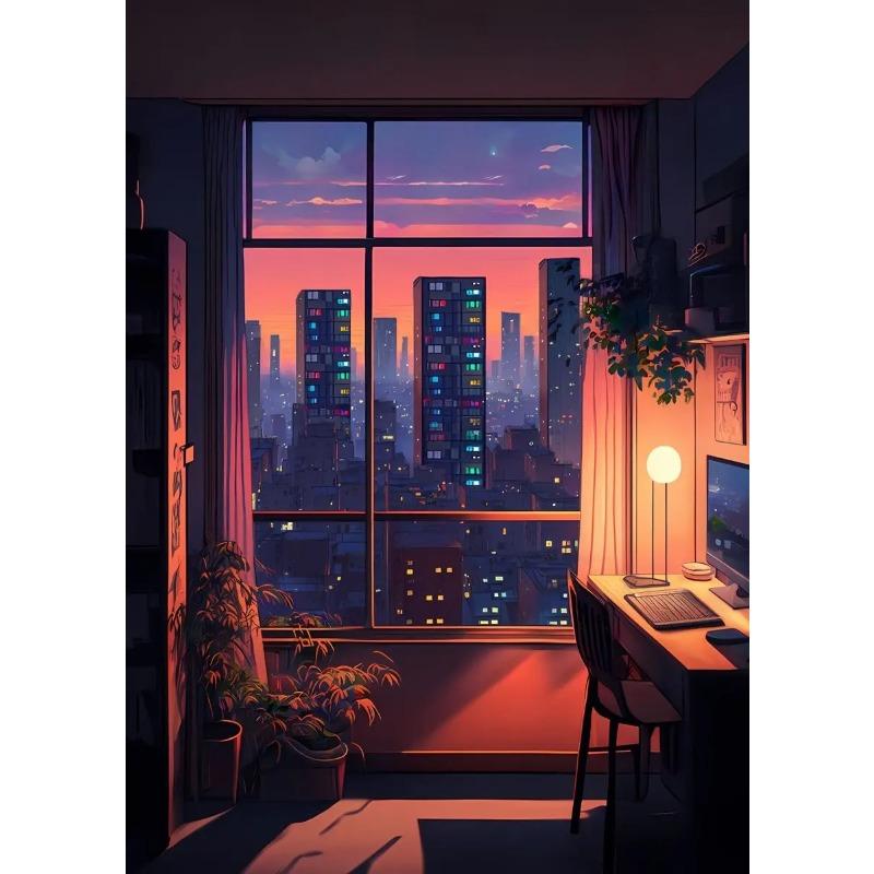 

Ночной вид за окном городского номера, мультяшные постеры, холст, живопись и принты, настенное искусство, картина для комнаты, домашний декор 21cm×30cm NoFrame