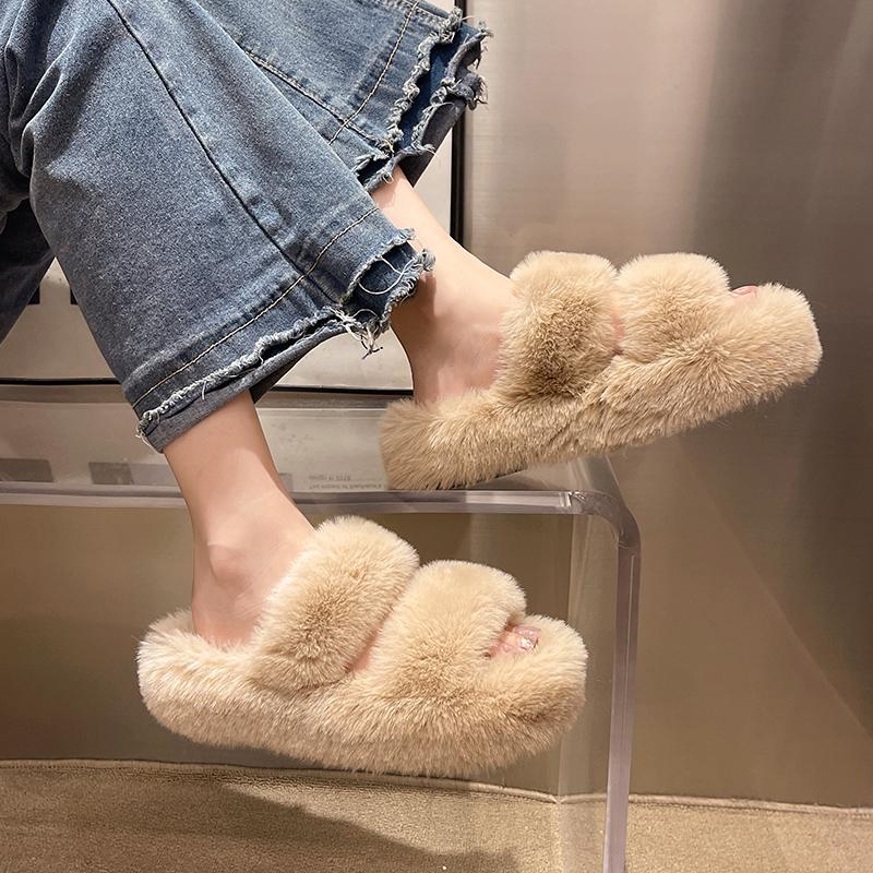 Thick-bottomed Fluffy Slippers for Women's Outer Wear, New Autumn and Winter Indoor Home Non-slip Plush Warm Cotton Slippers for Women