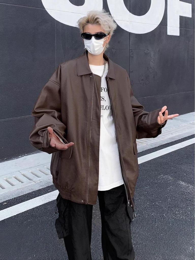 Men's Retro Brown PU Leather Jacket - 2025 Autumn/Winter Lapel Style