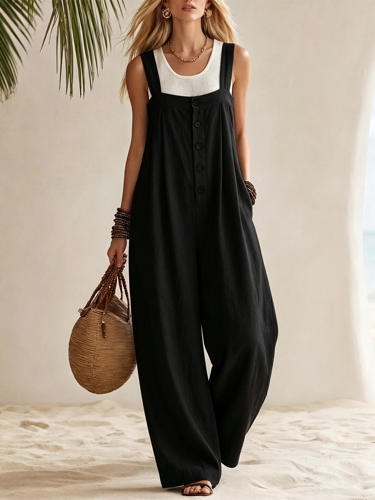 European and American cross-border Amazon 2026 casual fashion bohemian sleeveless wide shoulder strap button jumpsuit trousers S чёрный